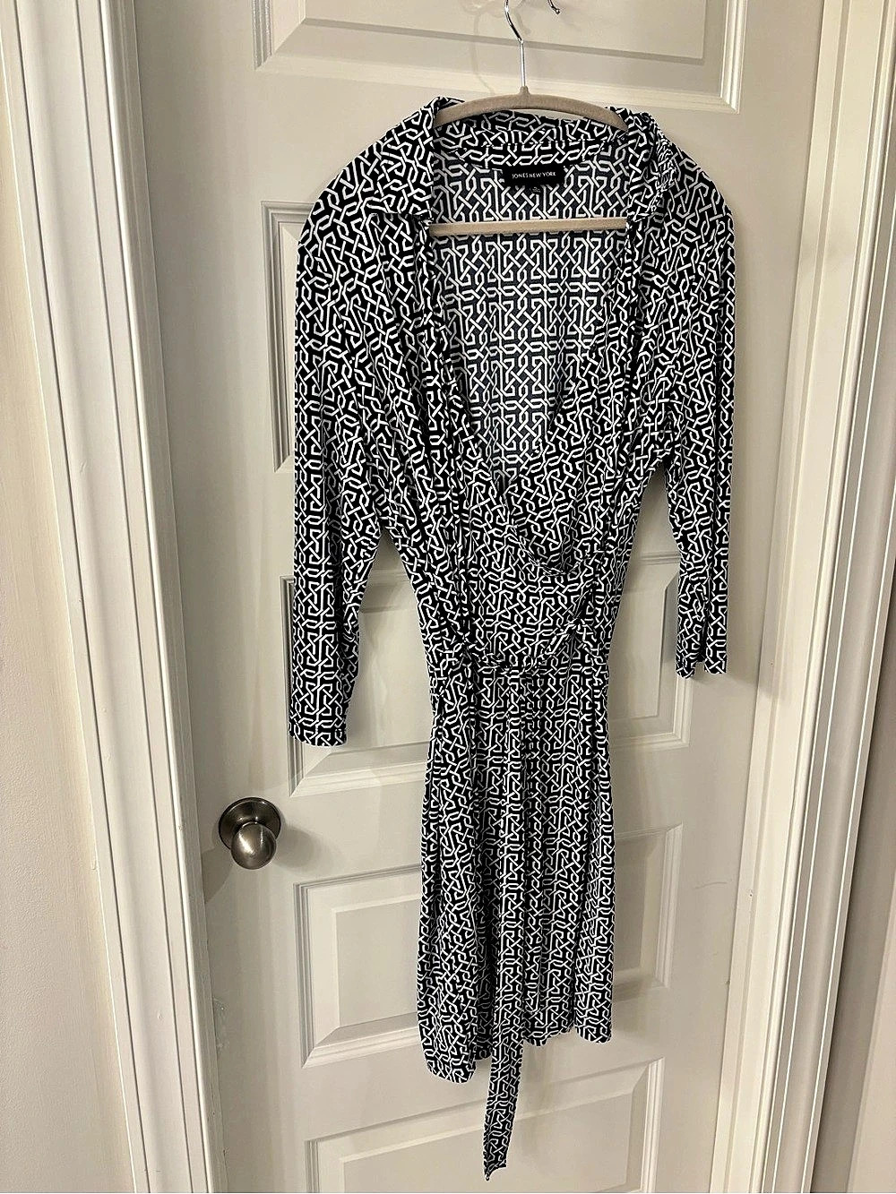 Jones New York Geometric Midi Faux Wrap Dress in Black & White Size XL Lik
